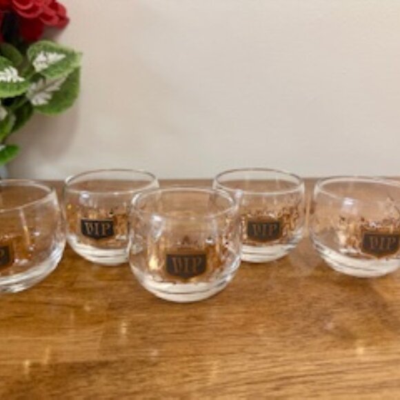 Vintage VIP Roly Poly Glasses‎ with Gold Crest – Mid-Century Barware Set of 5 - Picture 2 of 5